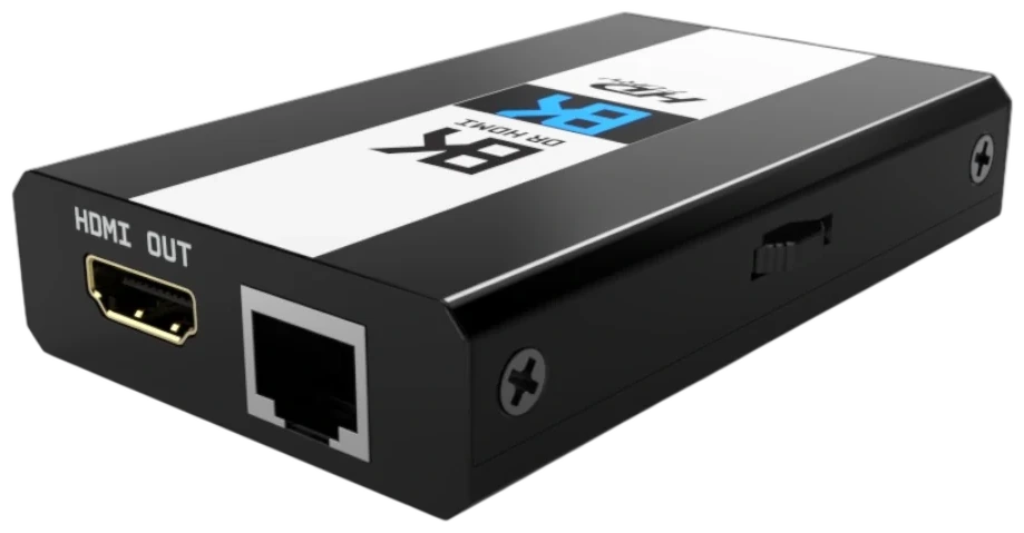 Angled photo of the black DR HDMI 8K with its HDMI OUT connector and RJ45 LAN port in view