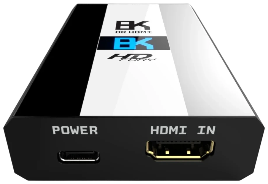 End panel of the DR HDMI 8K with the USB-C power input next to the HDMI IN connector