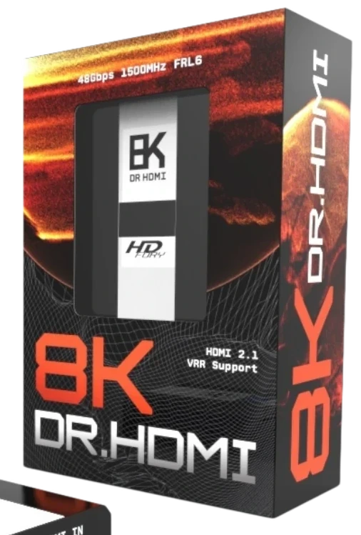 Upright DR HDMI 8K retail box with red-orange planet artwork on a black background