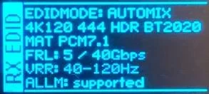 Page RX EDID de l’OLED du DR HDMI 8K : mode AutoMix, 4K120 4:4:4 HDR BT.2020, FRL 5 à 40Gbps, VRR 40-120Hz, ALLM